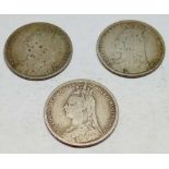 Three Victorian shillings two 1892 and one 1890