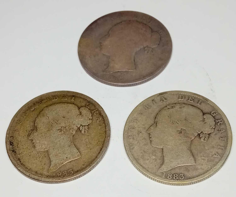 Three Victorian Young Head half-crowns two 1883 and 1885