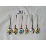 A set of 6 attractive enamel decorated coffee spoons with flower decoration, Bham 1966