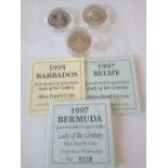 1995 Barbados silver proof one dollar. 1997 Bermuda silver proof one dollar and 1997 Belize silver