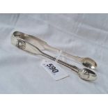 A heavy pair of fiddle thread and shell sugar tongs London 1864 by GA - 63 gms