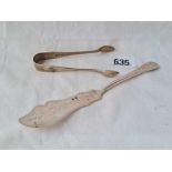 A engraved Glasgow butter knife 1892 and a pair of tongs - 47 gms