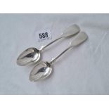 A pair of Exeter silver fiddle pattern tea spoons 1841 by JS