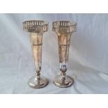 A pair of octagonal spill vases with pierced rims, 8" high, Bham 1919, by J&C.