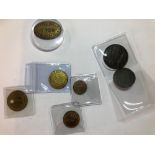 Six tokens: 1792 Birmingham half-penny token, DH123, 1812 Cheltenham penny token, two Hanover gaming