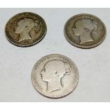 Three Victorian shillings 1863 and two 1875