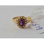 A amethyst and pearl cluster ring 18ct gold size O -2.9 gms