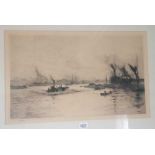 William L WYLLIE A signed etching of Shipping on The Thames (12 x 20 )