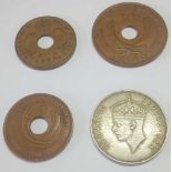 East Africa ten cents 1943 KM 26-2, five cents 1942 KM 25-2, five cents 1942 KM 25-2. one shilling