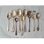 A Georgian mustard spoon 1815 and eight other various spoons - 135 gms