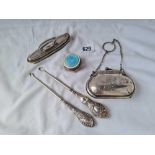 A silver mounted purse a nail buffer enamel topped jar etc.