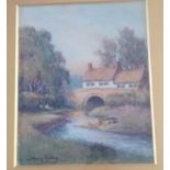 A Johnson HEDELY Cottages beside stream ( 9 1/2 x 8 ) signed