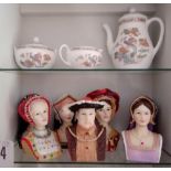 Two shelves with miniature Wedgewood tea set, Henry V111 and wives