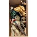 A box containing an old articulated teddy etc