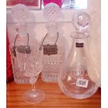 A pair of square decantors wth spirit labels & a Dartington decantor & glass goblet