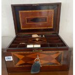 A good 19th century antique inlaid parquetry sewing box with fitted interior
