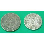 USA five cent 1868 and two cent 1867