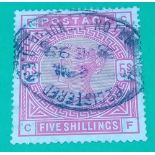 GB SG180 (1883) 5sh rose. Well centred. Registered cancel. Cat £250 min.