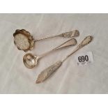 A sifter spoon 1898, a salt spoon 1854 and a butter knife 1906