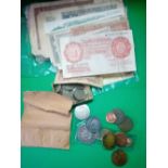 £5 coin, £2 coin in folder and banknotes etc