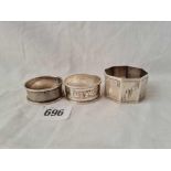 Three napkin rings, one Birmingham 1898 and another foreign
