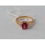 A GOOD QUALITY FACITED SQUARE PINK RUBELLITE AND DIAMOND RING 9CT SIZE N- 2 GMS