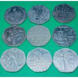 Nine commemorative 50p coins