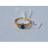 A three stone sapphire and diamond ring 18ct gold size P - 3.6 gms
