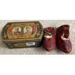 A pair of antique children's leather shoes & 1935 jubilee tin