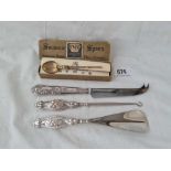 A 1953 Coronation spoon with box and a button hook, cheese knife etc.