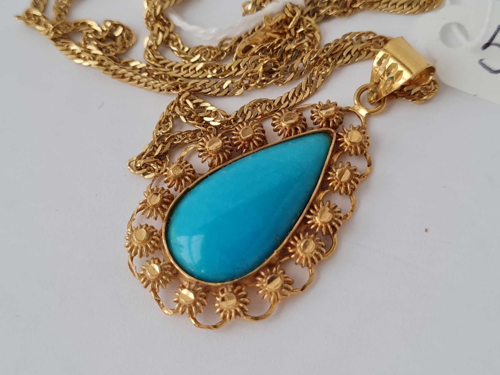 A FINE 22CT GOLD TURQUOISE pendant (5cm long) on long 22ct gold chain 18.2g - Image 2 of 2