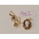 A pair of 9ct earrings and 9ct cameo pendant - 3.6 gms