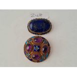 Two Chinese vintage silver gilt and enamel brooches (one cabochon amethyst and one lapis set)
