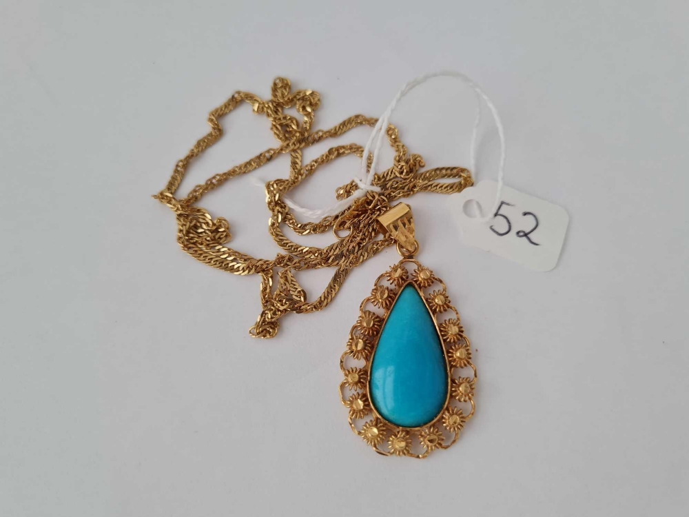 A FINE 22CT GOLD TURQUOISE pendant (5cm long) on long 22ct gold chain 18.2g