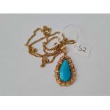 A FINE 22CT GOLD TURQUOISE pendant (5cm long) on long 22ct gold chain 18.2g