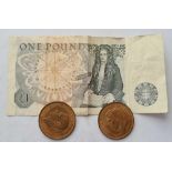 Two 1948 pennies, good grade and £1 note
