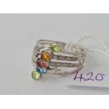 A HAND CRAFTED FIVE TIER WHITE GOLD RING SET WITH FIVE COLOURED REAL GEM STONES SET WITH DIAMONDS