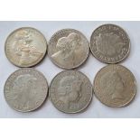 Six Elizabeth II £5 coins