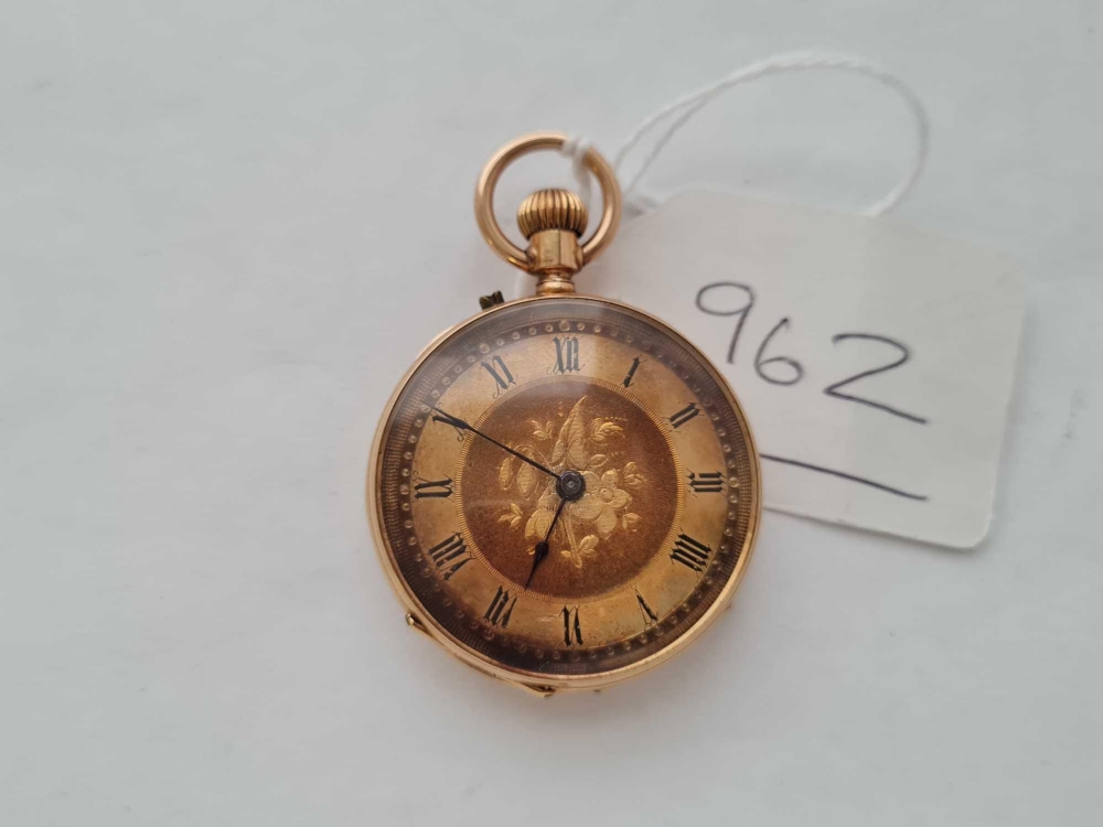 A LADIES GOLD FOB WATCH WITH GOLD COLOURED DIAL in 18ct - total weight 30 g.