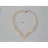 A pearl banded V choker necklace with 9ct clasp 34g inc