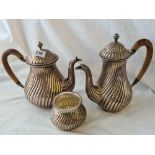A fluted Tea pot, Coffee pot & Sugar bowl, stamped 925, total w.1500g
