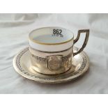 Continental silver 800 standard cup and saucer with porcelain liner.138gm net