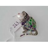 Plique a jour silver marcasite and pearl set mouse brooch