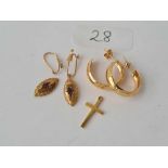 Two pairs of 9ct earrings and a small cross 3.6g inc