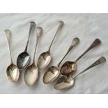 Seven Georgian bright cut and other teaspoons. 96gms