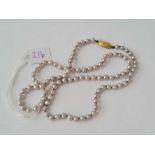 A silver coloured cultured pearl necklace with 9ct gold clasp 18 inches