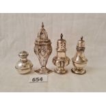 Four various pepper pots, one churn shaped, London 1911, w.66g