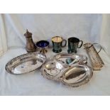 Two plated mugs and trinity dish etc.