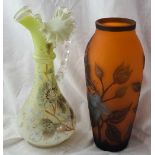 Orange glass vase signed Galle. 9 inch high and a green jug with ruffled rim