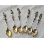 Set of 6 unusual musician finial teaspoons with gilt bowls import mark for 1896